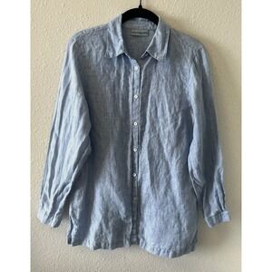 Vtg Marsh Landing Petites Womens Shirt Sz PM Button Up 100% Linen Chambray Blue